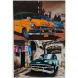 Cuban School XX, Acrillic on canvas , a pair, 1950s cars in Cuban streets,