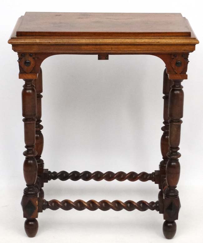 A Victorian walnut console table with turned legs and barley twist stretchers 26 3/4" wide x 14 - Image 2 of 4