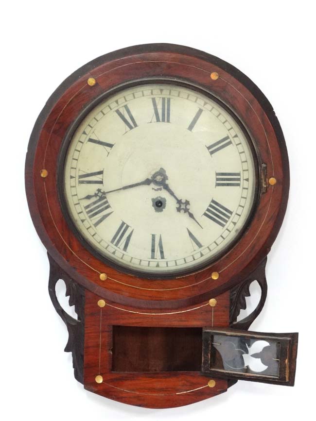 Drop dial clock : a 19 th C brass inlaid Rosewood cased 11 1/2" Timepiece with glazed section under - Image 2 of 2