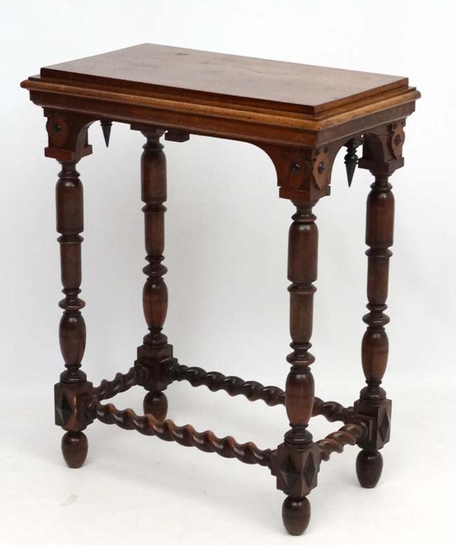 A Victorian walnut console table with turned legs and barley twist stretchers 26 3/4" wide x 14 - Image 3 of 4