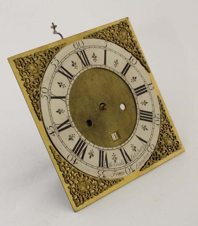 An 11"square brass dial fronting an associated 8-day longcase clock movement and showing the name - Image 4 of 8