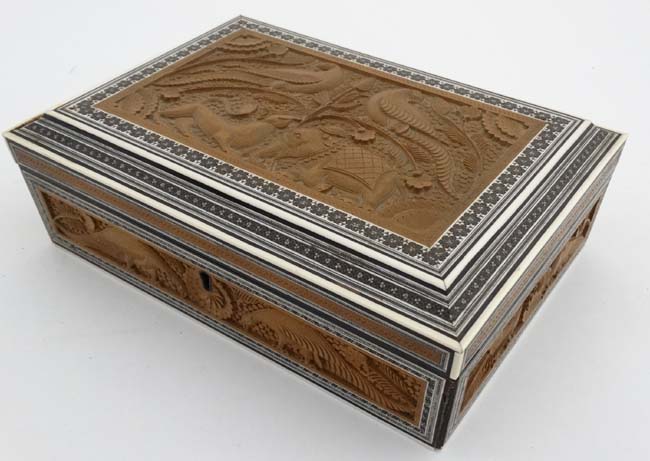 A 19thC Indian Vizagatam sandlewood and sadelli ladies sewing box opening to reveal mirror, - Image 4 of 12