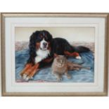 Sarah Butt XX, Acrylic on canvas board, Portrait of a Burmese Mountain dog and a Cat,