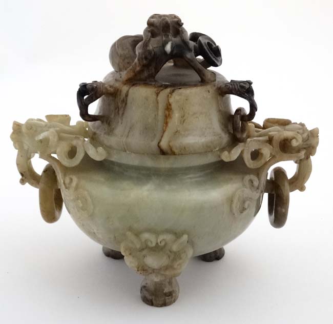 A Jade three footed censor with dragon mask handles and lid with further dragon decoration. - Image 3 of 6