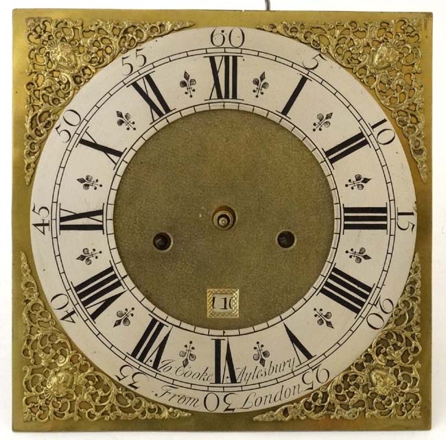 An 11"square brass dial fronting an associated 8-day longcase clock movement and showing the name - Image 6 of 8