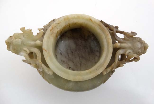 A Jade three footed censor with dragon mask handles and lid with further dragon decoration. - Image 6 of 6