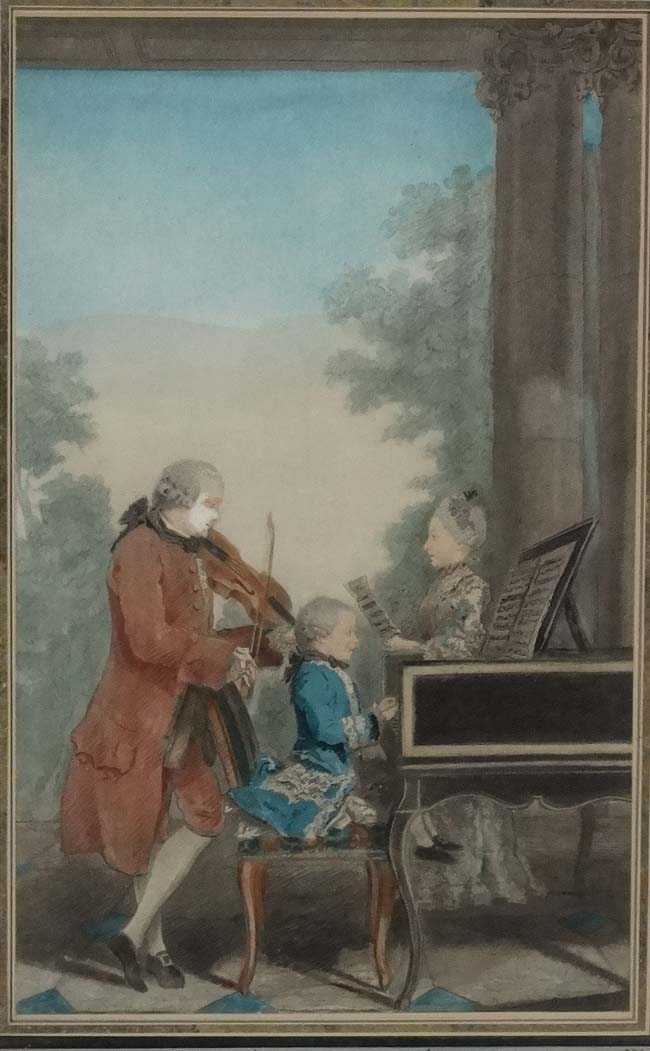 XVIII aquatint, Wolfgang Amadeus Mozart playing in concert with his father and sister , 1777, - Image 3 of 4