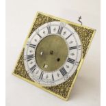 An 11"square brass dial fronting an associated 8-day longcase clock movement and showing the name