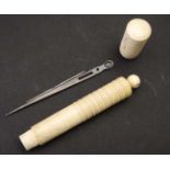 Sewing / Needlework : A carved cylindrical bone needle case with provision for Stanhope to one end