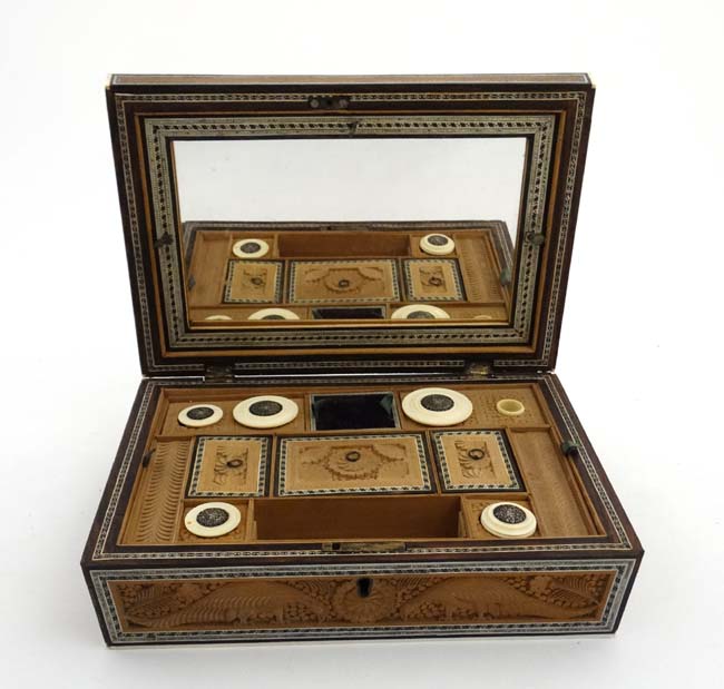 A 19thC Indian Vizagatam sandlewood and sadelli ladies sewing box opening to reveal mirror, - Image 10 of 12