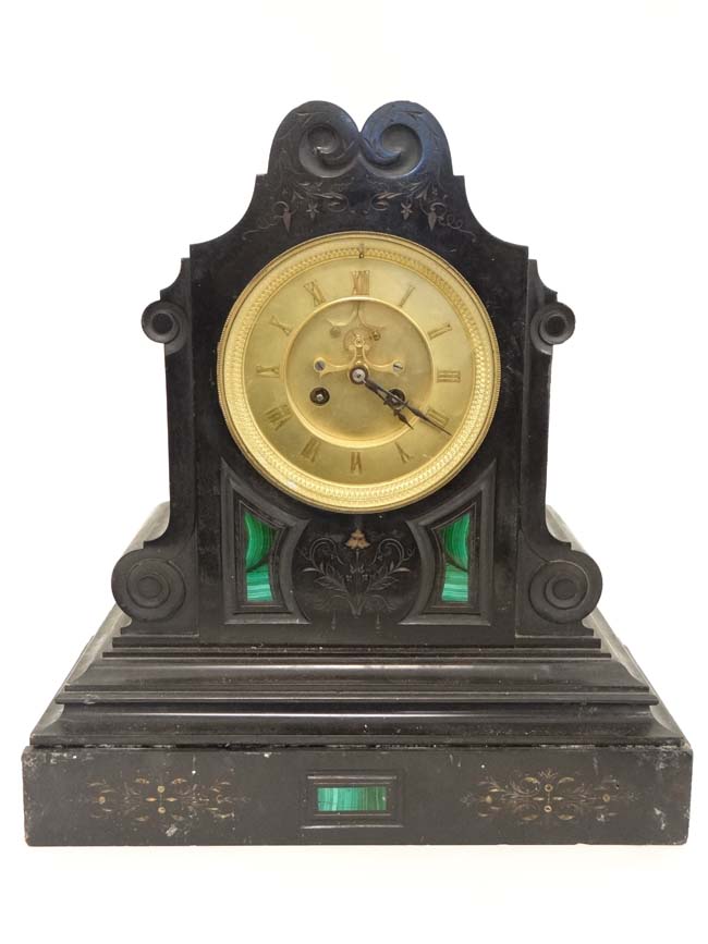 Mantel clock : a 19 thc Slate cased mantel clock inlaid with malachite,