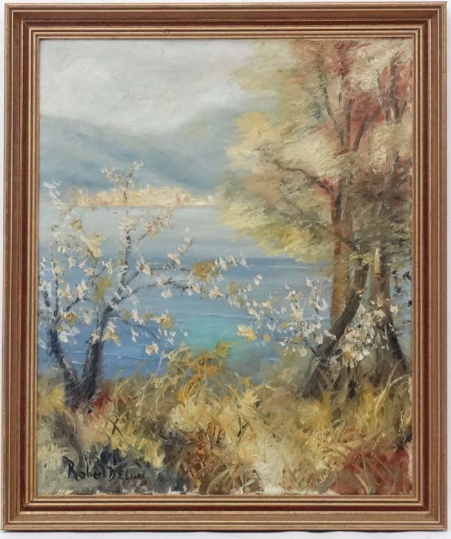 Robert Delval XX French School, Oil on canvas, Looking across a coastal inlet ,