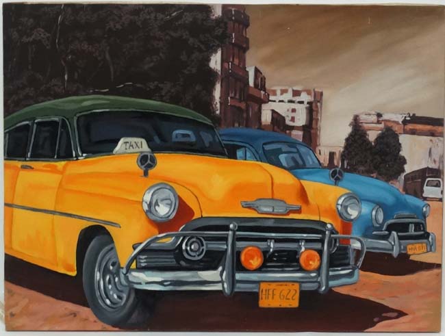 Cuban School XX, Acrillic on canvas , a pair, 1950s cars in Cuban streets, - Image 4 of 4