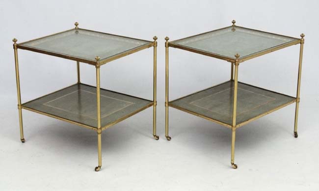 Mid Century / Hollywood Regency : A pair of gilt brass two tiered lamp tables with further gilt on - Image 2 of 3