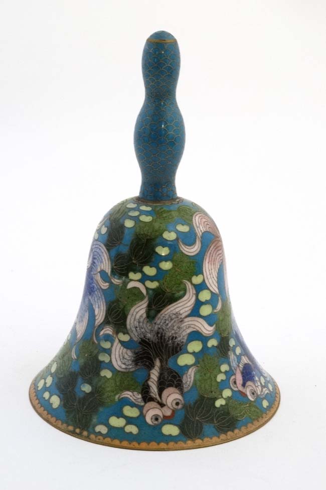 An Oriental Cloisonne table bell decorated with 6 carp 7 1/4" high CONDITION: - Image 3 of 4