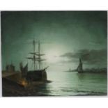 James Hardy XX Marine School, Oil on board, A harbour scene with boats and fisherfolk by moonlight ,