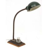 Vintage Industrial : a 1920s desk lamp with integral glass inkwell having a semi domed green