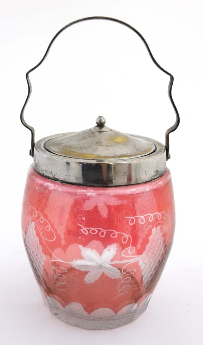 An early 20thC glass biscuit barrel with silver plated mounts lid and handle, - Image 3 of 6