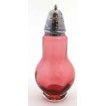 Royal Scott Glass : A cranberry glass caster with silver plate top.