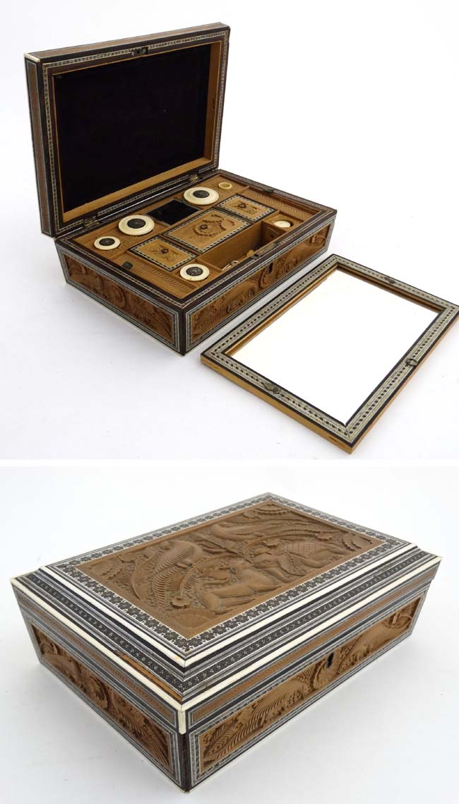 A 19thC Indian Vizagatam sandlewood and sadelli ladies sewing box opening to reveal mirror, - Image 3 of 12