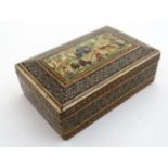 An Indian Vizagamatam lidded box with sadelli and hand painted scene to top.