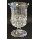 A late Victorian pedestal clear glass celery vase with moulded and wheel cut fern decoration to