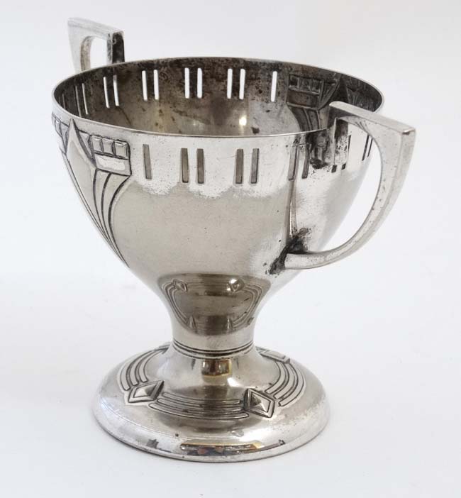 WMF : An Art Deco silver plate pedestal cup with two handles. marked under. - Image 6 of 6