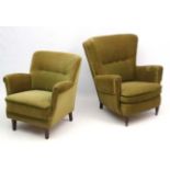 Vintage Retro : a pair of Danish high and low back upholstered chairs , with button back to middle,