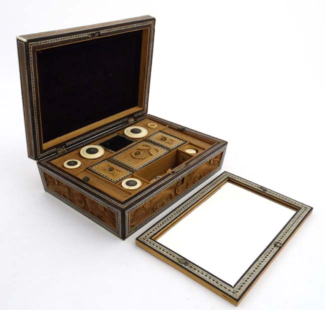 A 19thC Indian Vizagatam sandlewood and sadelli ladies sewing box opening to reveal mirror, - Image 12 of 12