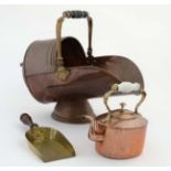 A 19thC copper castellated joints together with a copper coal scuttle and brass shovel.