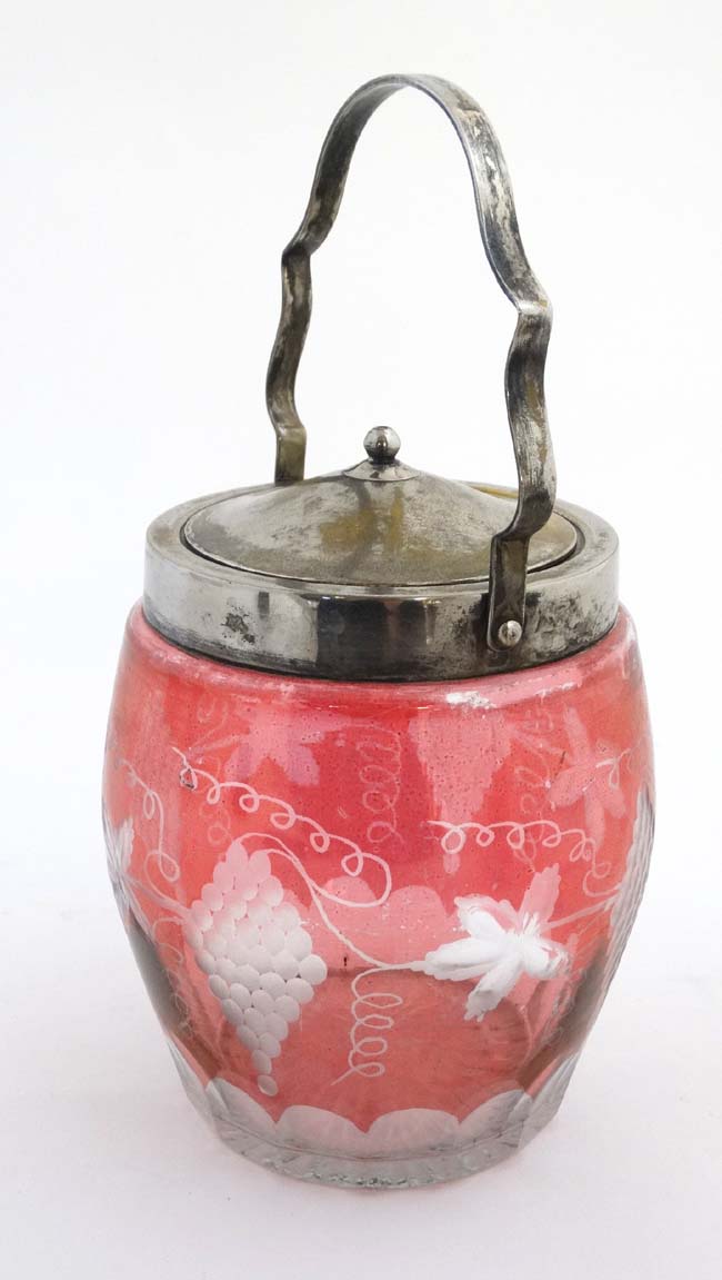 An early 20thC glass biscuit barrel with silver plated mounts lid and handle, - Image 4 of 6