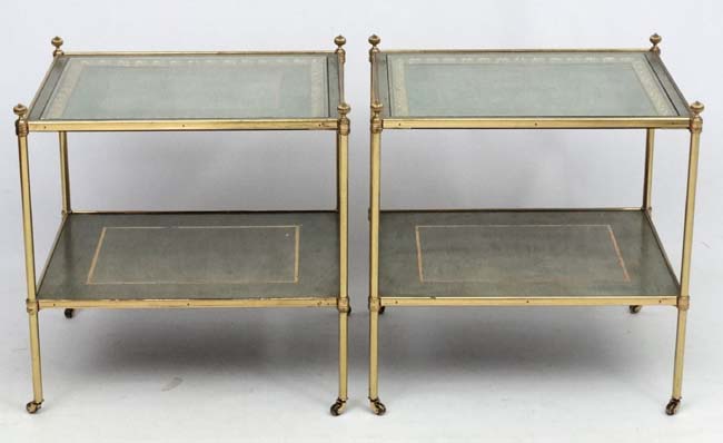 Mid Century / Hollywood Regency : A pair of gilt brass two tiered lamp tables with further gilt on - Image 3 of 3