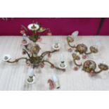 Ceramic floral electrolier and 2 wall lights CONDITION: Please Note - we do not