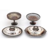 Box of assorted silver plate etc to include 2 cake stands and 2 tureens CONDITION: