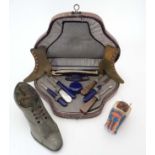 Cased manicure set + boot pin cushion and ceramic horse pin cushion etc CONDITION: