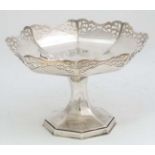 A silver plate tazza of hexagonal pedestal form with fretwork decoration 5" high