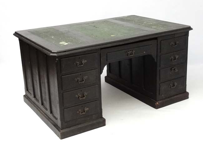 A Victorian bog oak wide pedestal desk 60" wide x 40" deep x 29 3/4" high CONDITION: