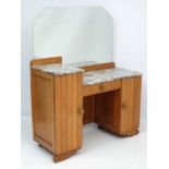 A Continental Art Deco grey marble topped blonde oak washstand / dressing table with mirrored back