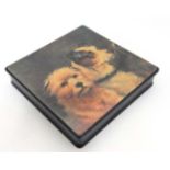 A 19thC black lacquer papier-mache handkerchief box with later applied image to top depicting 2