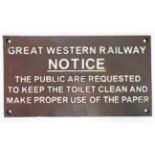 A 21stC painted cast metal Great Western Railway 'Toilet' sign,
