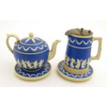 A set of 4 early / mid 20thC blue Copeland Spode, blue Jasperware ceramics ,