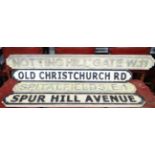 Late 20thC Carved wooden street signs 'Spitalfields E1' ' Old Christchurch Road' 'Spurr Hill Ave'