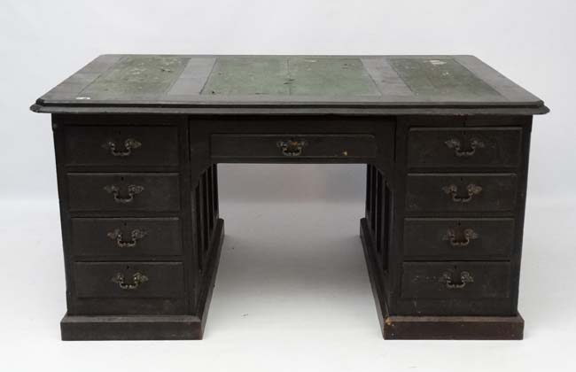 A Victorian bog oak wide pedestal desk 60" wide x 40" deep x 29 3/4" high CONDITION: - Image 4 of 4