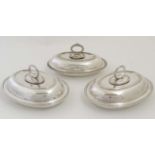 3 various late 19thC / early 20thC silver plated entree dishes each approx 11 1/2" wide