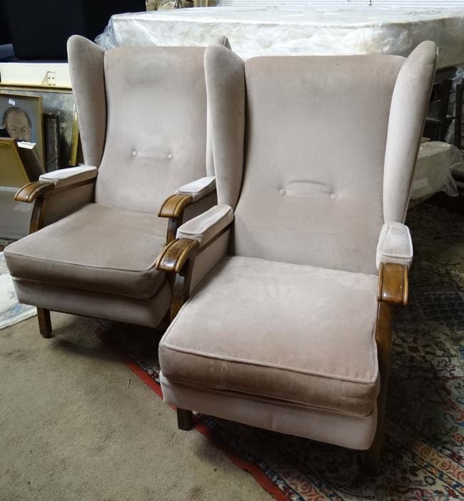 Pair of beige upholstered wingback chairs CONDITION: Please Note - we do not make