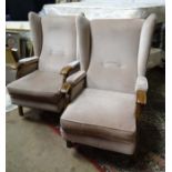 Pair of beige upholstered wingback chairs CONDITION: Please Note - we do not make