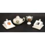 A collection of 4 items of miniature crestedware , to include; An '' Isle of Ely ''butter dish,