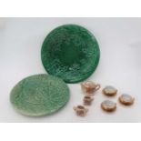 2 Majolica green cabbage plates together with a dolls tea set CONDITION: Please