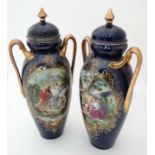 A pair of ceramic lidded decorated with classical scenes in polychrome,