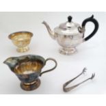 A 3 piece silver plate teaset by Viners of Sheffield together with a pair of silver plated sugar